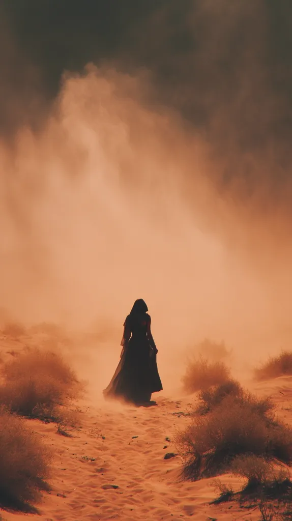 A lone figure in a long, dark dress walks across a desert landscape.  A hazy, orange-tinged dust storm swirls around them, obscuring the background. The sand is a deep reddish-orange, and sparse desert vegetation lines the path.  The overall atmosphere is one of mystery and isolation.