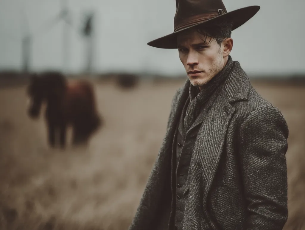 A man in a stylish dark gray tweed coat and brown fedora stands in a field.  A dark horse is blurred in the background.  The man's attire suggests a vintage or Western aesthetic.  His expression is serious, and his gaze is directed towards the viewer. The overall tone is moody and atmospheric.