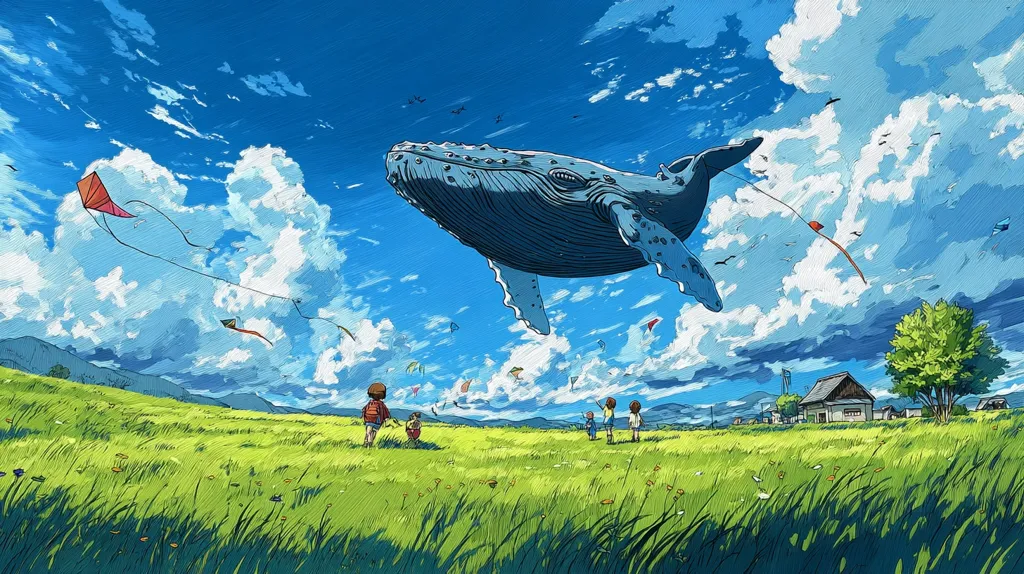 A whimsical illustration depicts a giant whale soaring through a vibrant blue sky dotted with fluffy white clouds.  Children stand in a lush green field, watching as colorful kites dance on the breeze below the whale.  A small village nestles in the distance, completing the idyllic, dreamlike scene. The style is reminiscent of anime or children's book illustration.