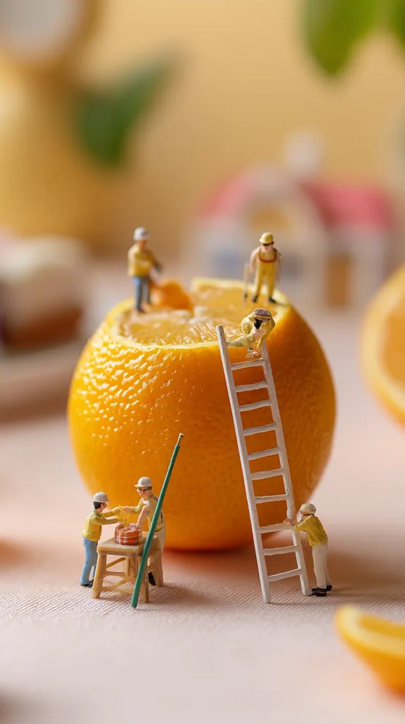 Miniature construction workers are hard at work on a giant orange.  Several figures are visible, some climbing a ladder, others working at a small table near the base.  The scene is set on a pale surface with blurred background elements suggesting a kitchen or dining area, and additional oranges are partially visible. The overall feel is whimsical and playful.