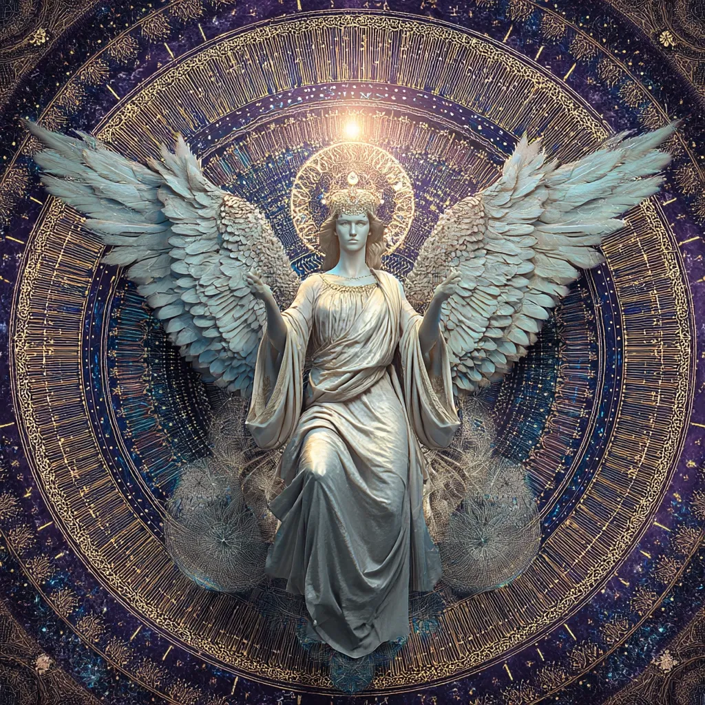 A serene angel, sculpted in pale stone, sits majestically.  Large, feathered wings extend from her back, framing her in a radiant halo.  She is positioned within an intricate circular design, reminiscent of a celestial map or cosmic mandala, filled with gold filigree on a deep purple and blue background. The overall effect is one of divine grace and ethereal beauty.