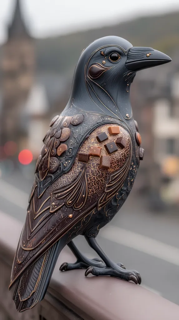 A meticulously crafted crow statue, seemingly made of dark metal, is perched on a railing.  Intricate gold detailing and brown accents adorn its body, resembling armor or ornate decoration. The crow's eyes are intensely detailed, and its pose is lifelike. The background is blurred, showing an out-of-focus cityscape, adding depth to the image. The overall aesthetic is dark, elegant, and artistic.