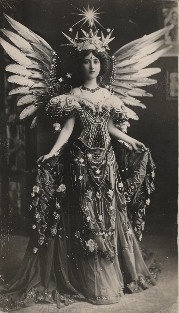A captivating monochrome portrait captures a woman adorned in an elaborate, ornate costume.  Large feathered wings extend from her back, complementing a bejeweled gown and a radiant star-shaped crown.  The detail in the clothing, from the beaded embellishments to the flowing fabric, is striking. The overall effect is one of ethereal beauty and celestial grace. The photograph appears to be vintage, possibly from the early 20th century.