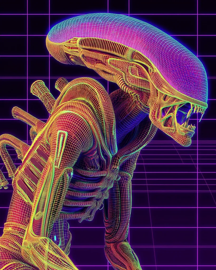 A vibrant, multicolored wireframe rendering of an Alien Xenomorph from the iconic science fiction film series. The creature is depicted in a three-quarter view, its biomechanical features highlighted by the neon-like grid lines of the background.  The image showcases intricate details of the Alien's anatomy, rendered in a style reminiscent of 1980s computer graphics. The overall effect is both futuristic and retro.