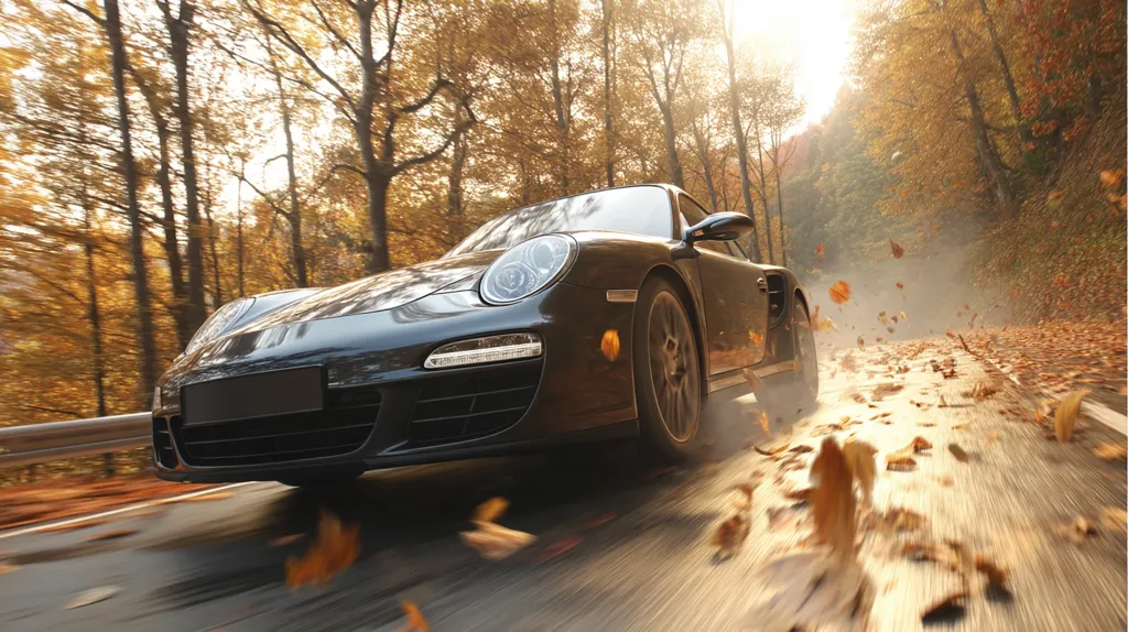 A dark-colored sports car speeds down a tree-lined road in autumn.  Fallen leaves are scattered across the road and swirl around the car's tires as it drives through the vibrant fall foliage.  Sunlight streams through the trees, creating a warm, picturesque scene. The car is in motion, suggesting a sense of speed and freedom.