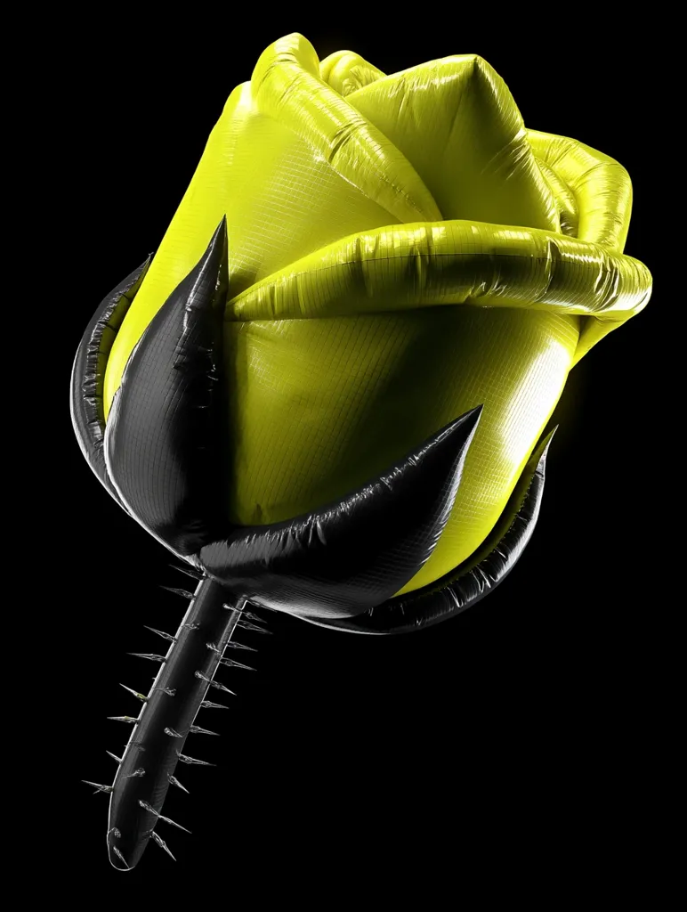 A vibrant, lime-green rose, seemingly inflated like a balloon, is presented against a stark black background.  The rose's petals are smooth and glossy, contrasting sharply with its stem, which is black and adorned with sharp, menacing spikes.  The image juxtaposes the delicate beauty of the flower with the aggressive texture of the stem, creating a visually striking and unexpected effect.
