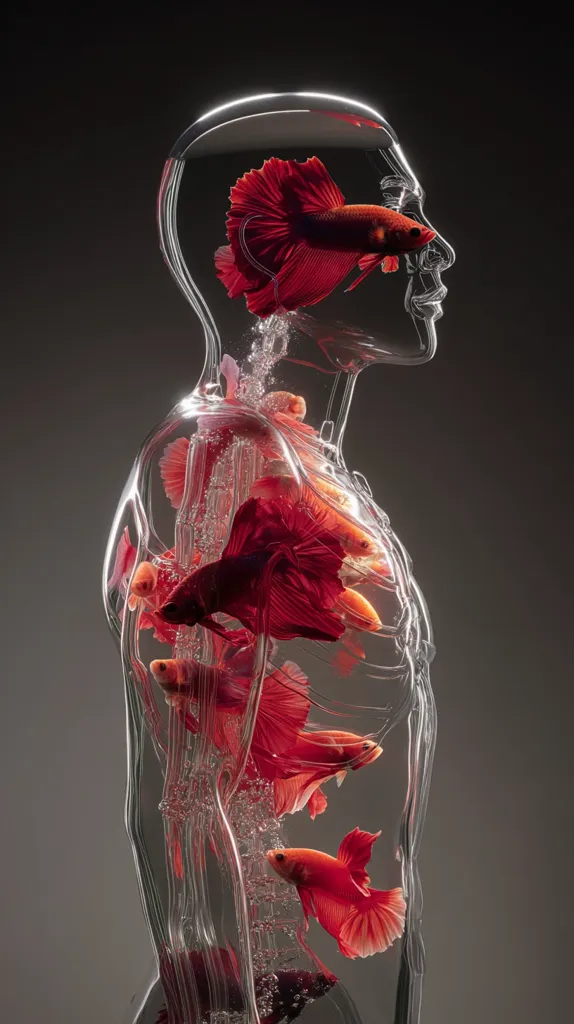 A transparent human-shaped sculpture is filled with water and vibrant red betta fish.  The fish swim freely within the glass form, creating a striking contrast between the organic life and the artificial container.  Bubbles rise from the fish, adding to the sense of movement and life contained within the sculpted body. The dark background highlights the sculpture's delicate form and the intense color of the fish.