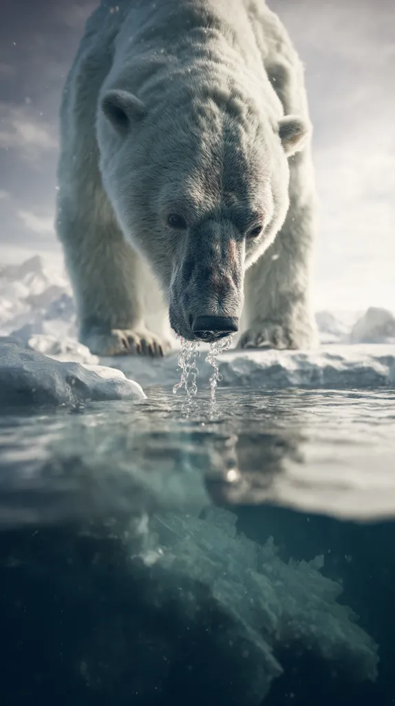 A majestic polar bear, its thick fur glistening, lowers its head to drink from a frigid Arctic water.  The reflection of the bear is partially visible in the clear, cold water, which is partially above and below the surface. Ice floes surround the bear, creating a stark and beautiful winter landscape.  The overall image conveys a sense of raw beauty and the harsh realities of the Arctic environment.