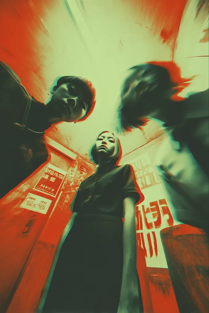 A low-angle, stylized shot captures three individuals, their faces and bodies partially obscured. The image is saturated with intense red and green hues, creating a vibrant, almost surreal effect.  They appear to be in a dimly lit, possibly urban, setting, with fragmented signage visible in the background.  The overall mood is edgy and mysterious.