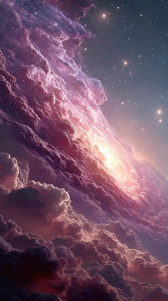 A breathtaking cosmic landscape unfolds, showcasing a vibrant swirl of purple and pink clouds against a backdrop of twinkling stars.  A radiant light emanates from within the cloud formation, illuminating the scene with a warm, ethereal glow.  The image evokes a sense of wonder and mystery, suggesting a celestial realm of beauty and boundless expanse.