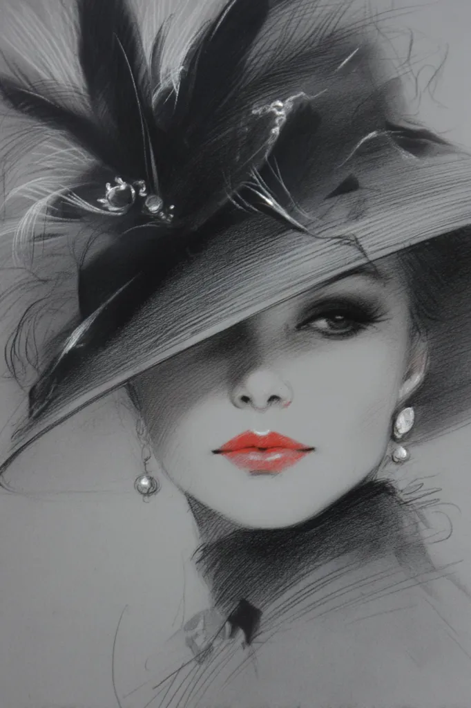 A monochromatic charcoal drawing depicts a woman's face partially obscured by a wide-brimmed hat adorned with feathers.  Her expression is serene, her lips a pop of coral against the grayscale tones.  Delicate pearl earrings dangle, adding to her elegant appearance. The style is soft and suggestive, emphasizing mood and atmosphere.