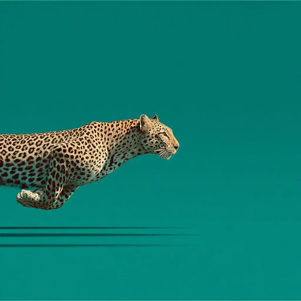 A leopard, powerfully built and spotted, leaps across a vibrant teal backdrop.  Its body is extended, legs tucked, showcasing a graceful mid-air movement.  The image has a stylized, almost graphic quality, with a clean background that emphasizes the feline's dynamic form and focused gaze.  The subtle motion blur below hints at speed and agility.