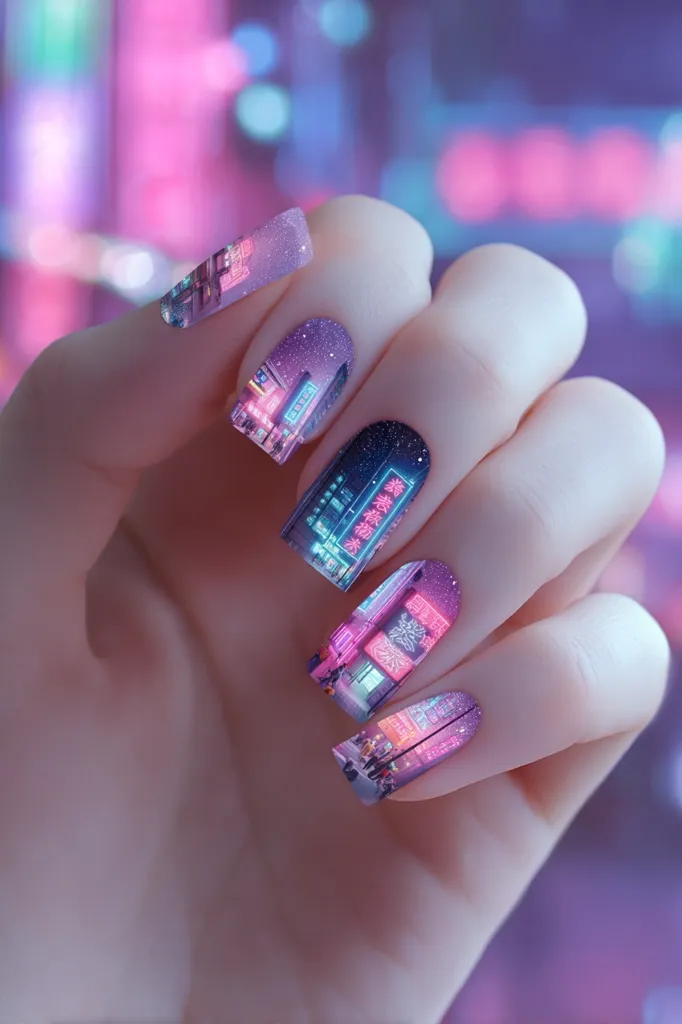 A hand displays a stunning manicure featuring five nails adorned with vibrant, city-themed nail art.  Each nail showcases a unique nighttime cityscape scene in shades of pink, purple, and blue, with glittering accents.  The images depict bustling streets, neon lights, and Japanese characters, creating a captivating, futuristic aesthetic.  The hand is delicately posed against a blurred background of soft, pink and purple hues.