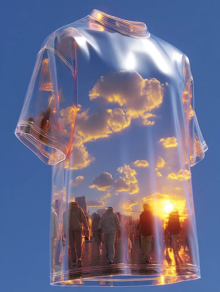 A transparent t-shirt, seemingly made of glass or plastic, reflects a sunset cityscape.  The sky, clouds, and silhouettes of people walking are visible through the shirt.  The image presents a surreal and dreamlike quality, contrasting the everyday scene with the unusual garment. The overall effect is aesthetically pleasing and somewhat ethereal.