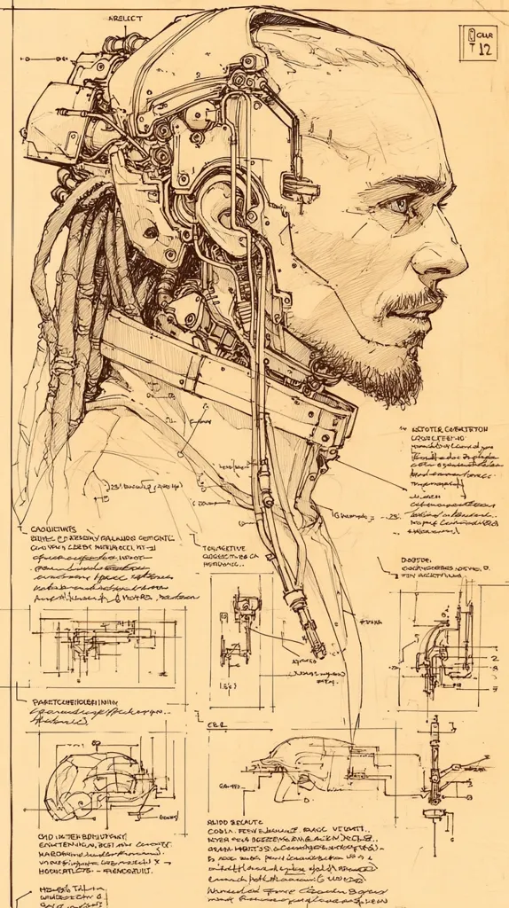 A sepia-toned sketch depicts a profile of a man's head seamlessly integrated with intricate mechanical components.  Detailed schematics and technical notes surround the figure, suggesting a design blueprint for a cyborg or advanced prosthetic. The style evokes a vintage, steampunk aesthetic with handwritten annotations in an unidentified language accompanying the engineering drawings. The overall effect is one of sophisticated biomechanical engineering.