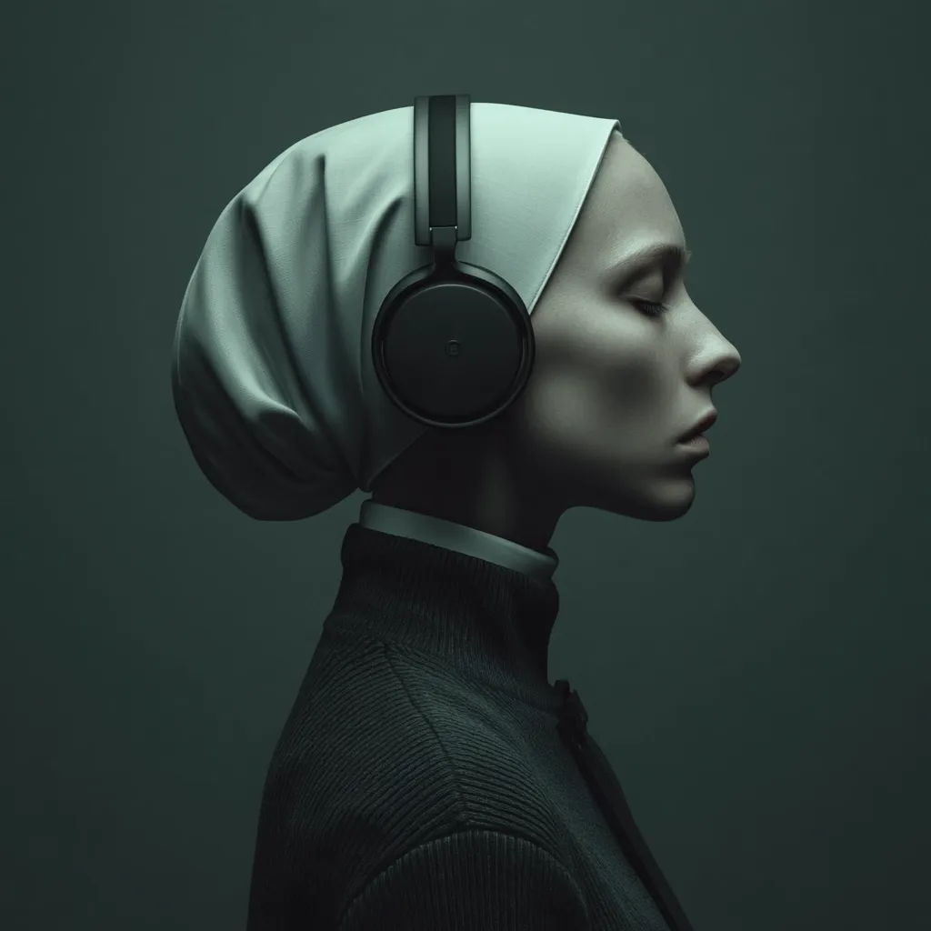 A serene profile of a woman, cloaked in a white head covering and dark clothing, wearing over-ear headphones.  Her eyes are closed, suggesting a state of quiet contemplation or deep listening. The image is stylized with muted, moody teal tones, creating a contemplative and almost ethereal atmosphere.  The contrast between the modern headphones and the traditional clothing adds an intriguing layer to the portrait.