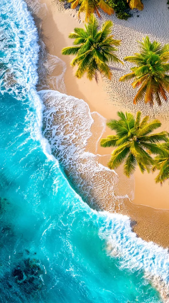 An aerial view captures the breathtaking beauty of a tropical beach.  Turquoise waves gently caress a pristine, sandy shore, lined with lush, vibrant palm trees. The scene exudes tranquility and the idyllic charm of a secluded paradise.  The contrast between the ocean's vibrant blue and the soft sand creates a captivating image.