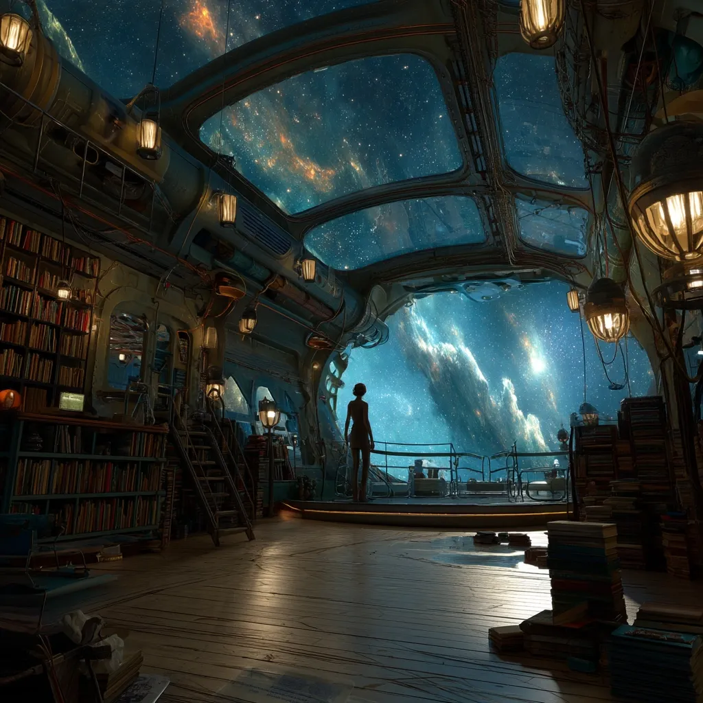 A lone figure stands silhouetted against a breathtaking cosmic vista, viewed through large porthole windows in a steampunk-inspired spaceship library.  Bookshelves line the walls, filled with countless volumes.  The interior is dimly lit, with hanging lanterns casting a warm glow against the cool blues and greens of space. The scene evokes a sense of wonder and isolation, a solitary moment of contemplation amidst the vastness of the universe.