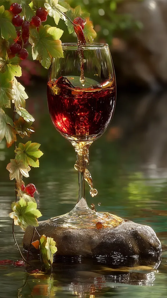 A glass of red wine is being poured, the liquid cascading dramatically into the glass.  The wine glass sits on a dark, smooth rock nestled in calm water.  A vine with lush green leaves and red berries gracefully arches over the scene, adding a touch of natural elegance. The overall ambiance is serene and picturesque.