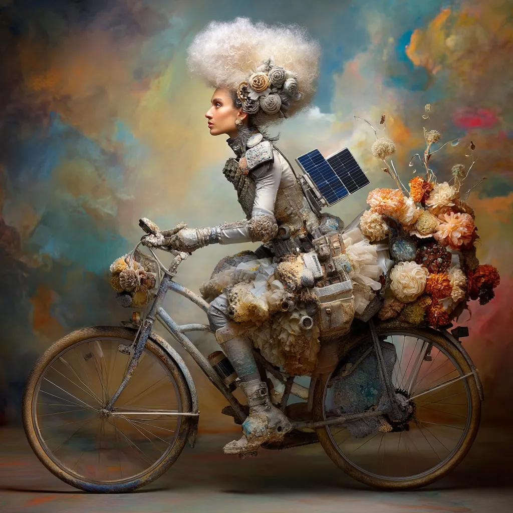 A woman with a large, fluffy white wig and an elaborate, textured costume rides a bicycle adorned with flowers and recycled materials.  A small solar panel is attached to her back. The backdrop is a painterly swirl of muted colors, creating a surreal and whimsical scene. The overall aesthetic is steampunk-inspired with a touch of fantasy.