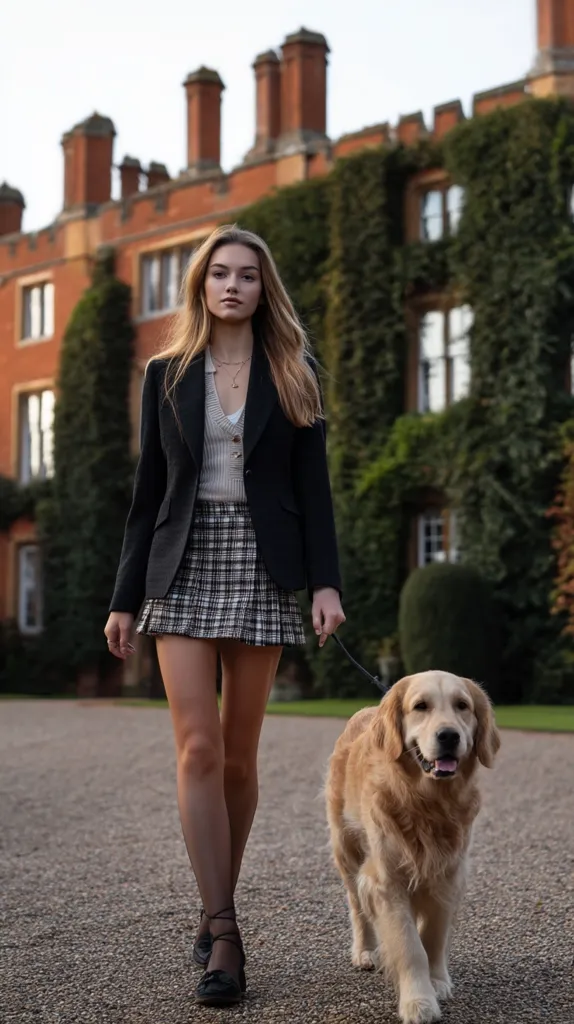 A young woman in a black blazer, cream sweater, and plaid mini skirt walks a golden retriever.  She's elegantly dressed and carries herself with confidence. The background features a grand, ivy-covered building, suggesting a prestigious school or estate.  The overall mood is sophisticated and subtly stylish.
