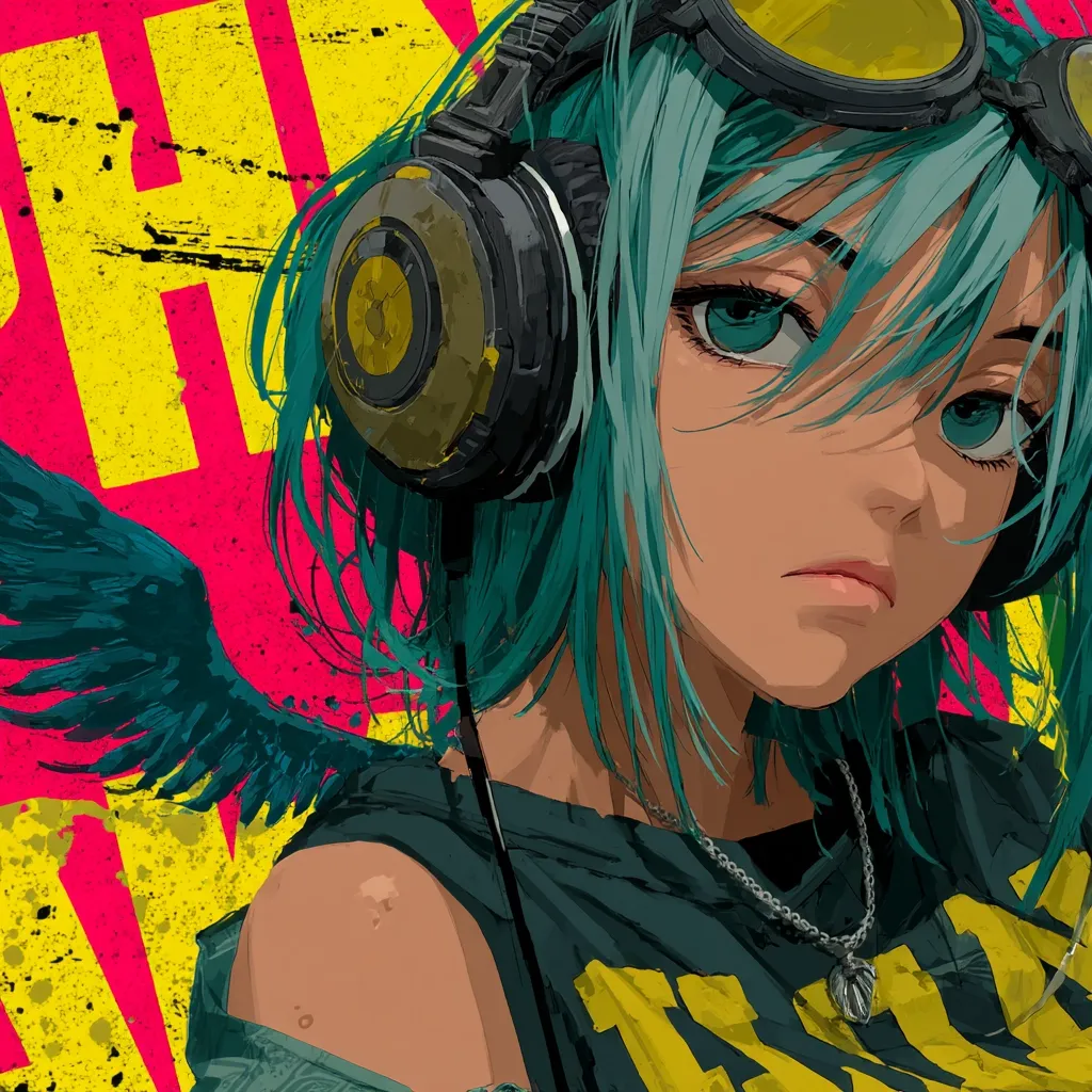 A stylized anime girl with teal hair and large, expressive eyes is depicted. She wears oversized headphones, goggles, and a dark sleeveless top with yellow lettering.  A pair of dark wings sprout from her back, adding a fantastical element. The background features bold yellow and pink graffiti-style text and splatters. The overall style is vibrant and edgy, blending anime aesthetics with a street-art feel.