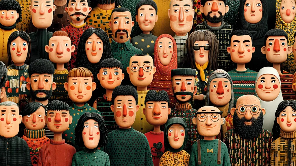 A densely packed group of stylized 3D-rendered faces, predominantly featuring adults of diverse ethnicities and genders, are shown.  They wear textured sweaters and head coverings in autumnal colors.  The characters possess exaggerated features, with large noses and expressive eyes, creating a playful and slightly whimsical effect.  The overall composition suggests a community or collective portrait.