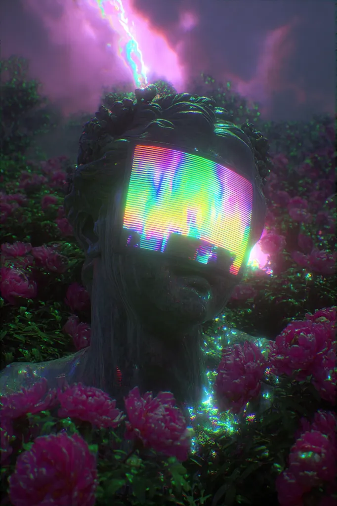 A digital art piece depicts a classical bust embedded in a vibrant garden.  A glitching, rainbow-colored screen replaces the bust's face, radiating ethereal light.  Purple and pink peonies surround the statue, contrasting with the dark, stormy sky above.  A lightning bolt streaks across the purple-tinged clouds, adding to the surreal and dreamlike atmosphere. The image blends classical sculpture with modern technology in a fantastical setting.