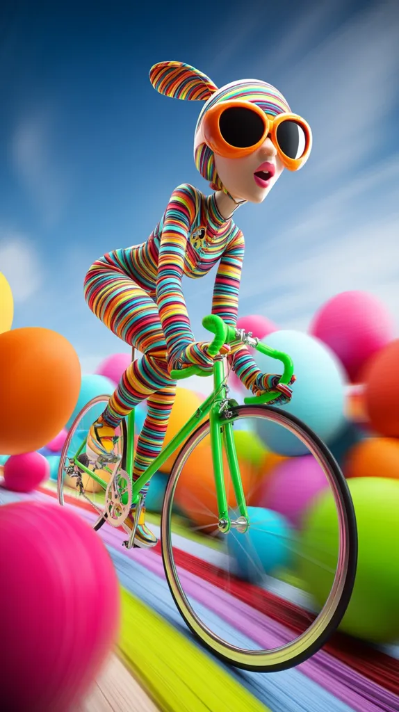 A vibrant, cartoonish figure in a rainbow striped suit and oversized sunglasses cycles a bright green bicycle.  The background is a blur of colorful, oversized spheres, creating a sense of speed and energy. The scene is playful and whimsical, with a focus on bold colors and dynamic movement. The bunny-eared helmet adds to the character's fun and quirky personality.