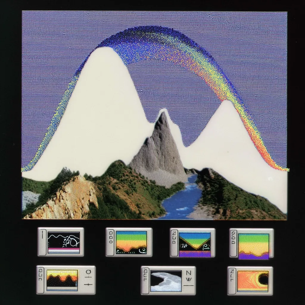 A digital artwork depicts a stylized mountain range with a rainbow-like arc overlaid.  The mountains are rendered in a blend of photorealistic and abstract styles, with a white, almost ethereal peak. Below, a river flows through a verdant valley.  The image is framed by a screen-like border with smaller panels displaying various graphical data, suggesting a technological or scientific context. The overall aesthetic is a retro-futuristic blend of nature and technology.