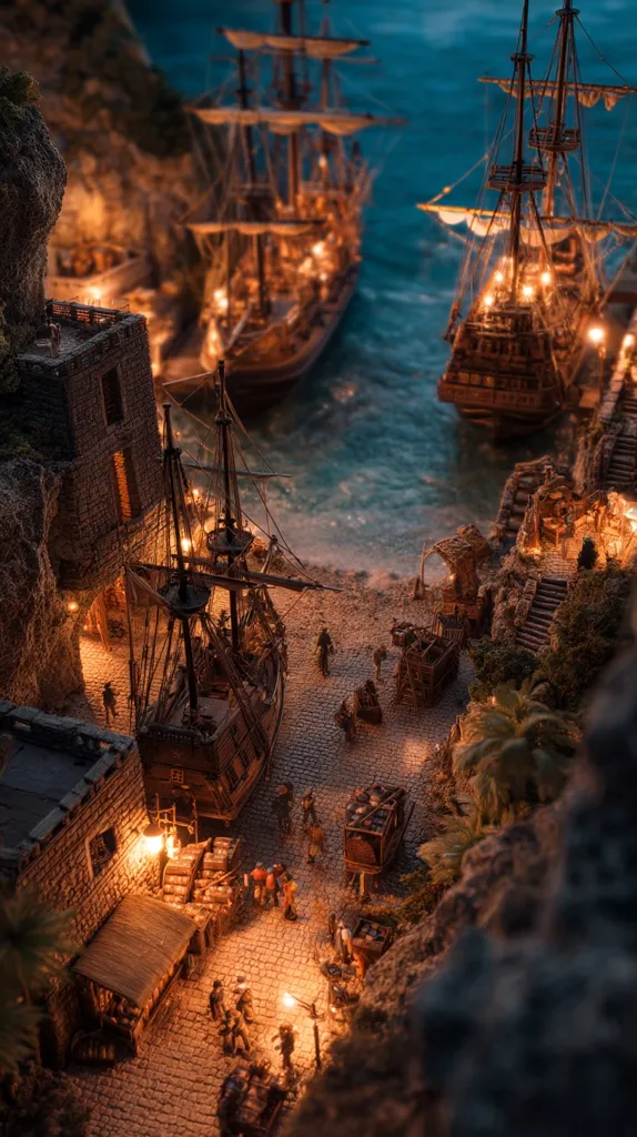 A meticulously crafted model depicts a bustling pirate port at night.  Three galleons, illuminated by warm lights, are moored near a stone harbor town.  Tiny figures populate the cobblestone streets, engaged in loading cargo onto carts.  The scene is dramatically lit, enhancing the textures of the buildings and ships, creating a captivating miniature world.