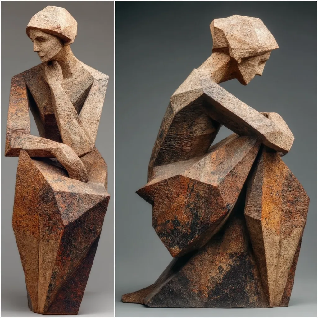 A diptych showcases two angular, contemplative sculptures of a seated woman.  Crafted from a rough, earthy material with a brown and black mottled texture, the figures are rendered in a cubist style with faceted forms.  The sculptures suggest introspection and stillness, the woman's posture conveying a sense of quiet contemplation.  The rough texture contrasts with the smooth lines of the figure, creating a unique interplay of form and material.