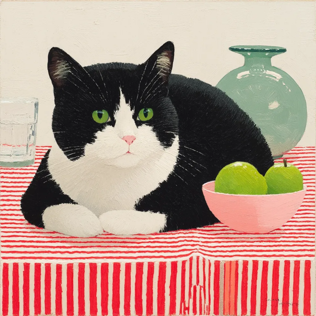 A tuxedo cat with striking green eyes rests on a red and white striped tablecloth.  A pink bowl of green apples sits nearby, along with a glass and a light teal vase. The painting is rendered in a simplistic, almost folk-art style, with bold colors and clean lines. The cat is the clear focal point, appearing calm and observant.