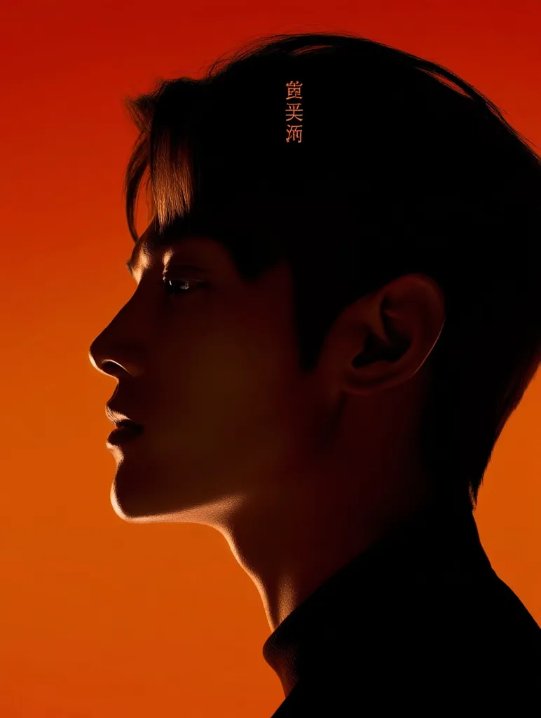 The image is a profile silhouette of a young man against a vibrant orange background.  His short hair is styled neatly, and he's wearing a high-necked, dark-colored garment.  The lighting emphasizes the strong lines of his jaw and neck.  Chinese characters are subtly placed on his hair. The overall mood is dramatic and stylish.