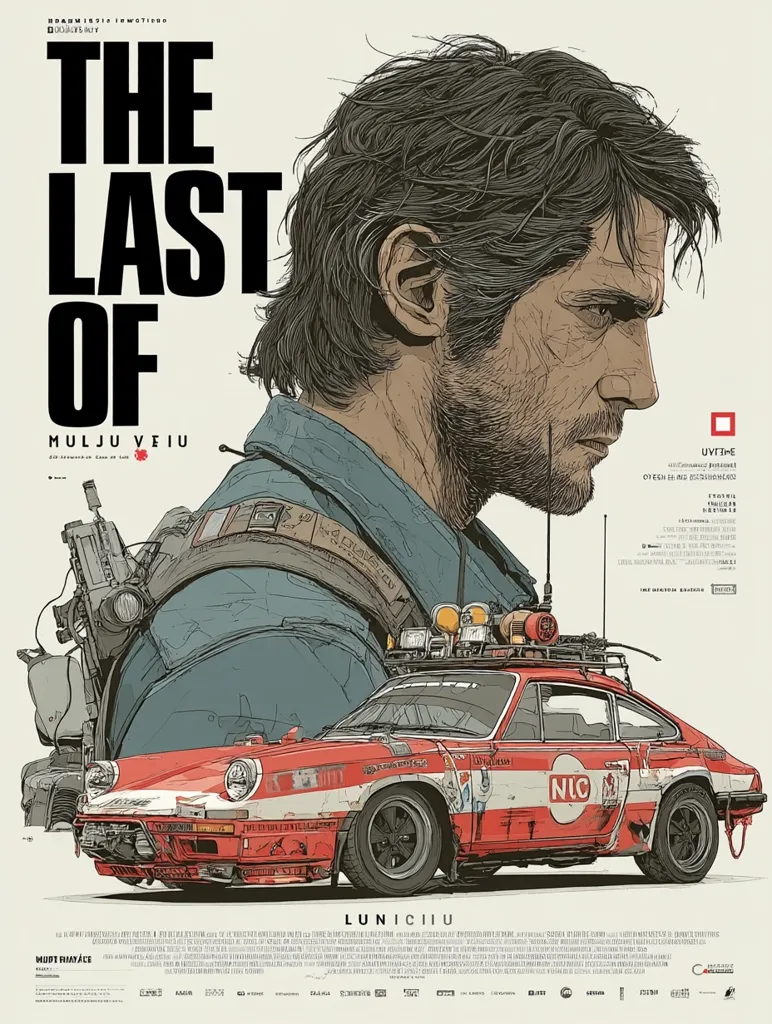 A stylized poster for "The Last of Us" features a profile of Joel, his weathered face showing determination.  He's equipped with a backpack and gear, suggesting a post-apocalyptic setting.  A rugged, modified Porsche 911, emblazoned with "NIC," is prominently displayed below him, hinting at a journey or escape. The overall aesthetic is gritty and detailed, reminiscent of comic book art.