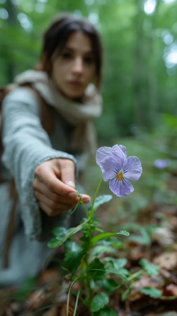 A woman in a grey robe and scarf gently reaches for a delicate purple pansy growing in a forest.  Her face is slightly out of focus, emphasizing the flower in the foreground. The background is blurred, suggesting a lush, green woodland setting. The overall mood is peaceful and serene.