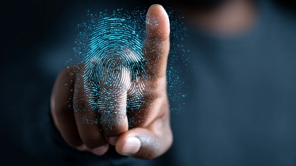 A person's index finger is shown with a digital fingerprint overlayed. The fingerprint is a glowing, light blue, and appears to be made of particles. The image suggests concepts of biometric security, digital identity, and technological advancement. The dark background emphasizes the technological element. The hand is dark-skinned, suggesting diversity in technological access.