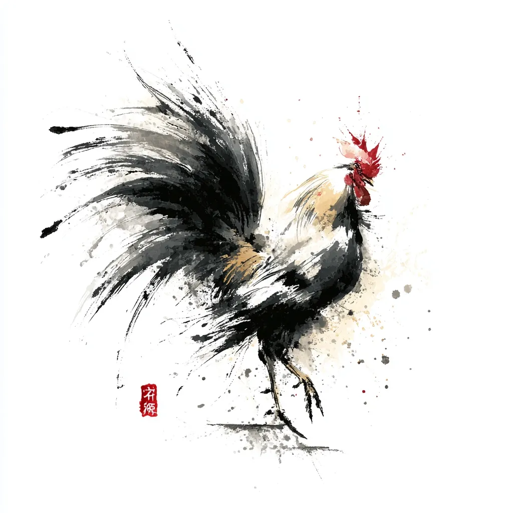 A rooster, rendered in a dynamic watercolor and ink style, is depicted. Its black and white plumage is splashed with subtle browns and tans, creating a sense of movement and energy.  The tail feathers are dramatically spread, emphasizing the bird's vibrancy.  The artist's signature is subtly placed in the bottom left corner, adding an authentic touch to this expressive artwork.