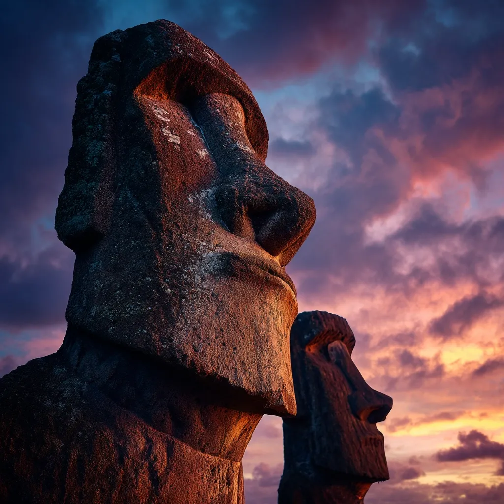 Two majestic Moai statues stand silhouetted against a vibrant sunset sky on Easter Island.  The foreground features a large Moai, its weathered stone face illuminated by the warm hues of the setting sun.  A second, smaller Moai is partially visible behind it. The dramatic sky creates a powerful and evocative scene.