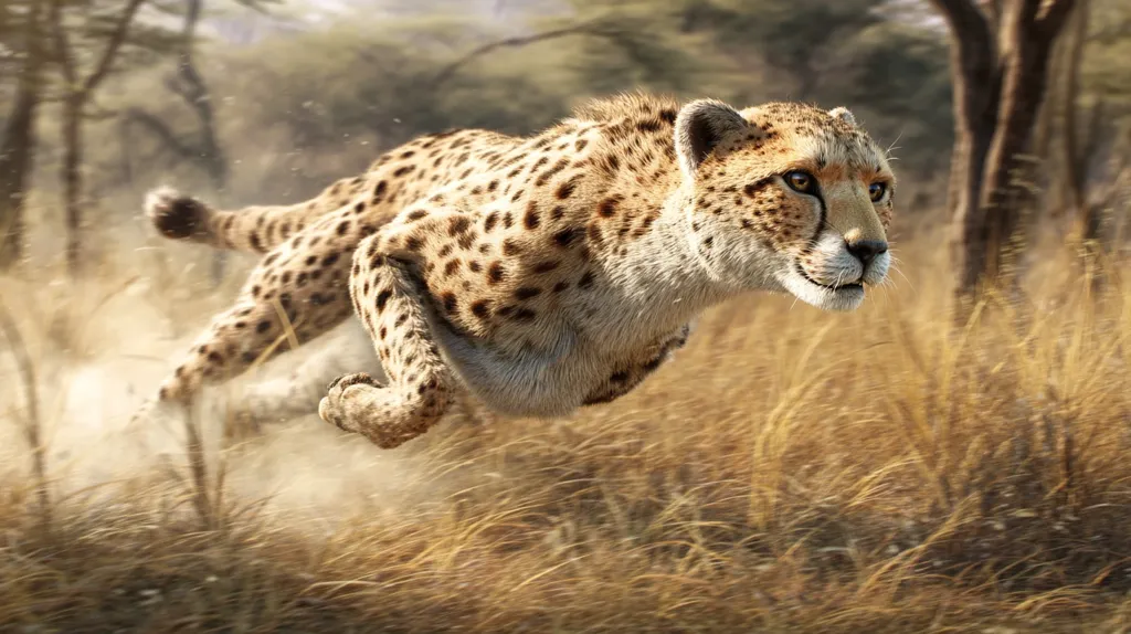 A cheetah, its spotted coat a blur of motion, sprints across a golden savanna.  Dust kicks up around its paws as it runs low to the ground, its muscular body extended in a powerful leap. The background suggests the arid landscape of Africa, with sparse trees and tall grasses blurring in its wake. The cheetah's focused gaze is directed forward, highlighting its predatory intensity.