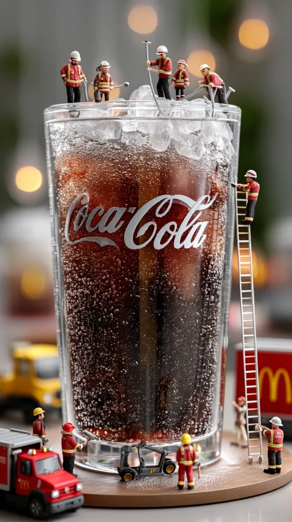Miniature firefighters surround a large glass of Coca-Cola filled with ice.  Some firefighters work atop the ice, others use a ladder and small firetruck to tend to the drink.  The scene is set on a wooden coaster near a blurred McDonald's sign, creating a whimsical, contrasting juxtaposition.  The Coca-Cola logo is prominently displayed on the glass.