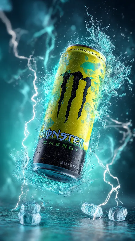 A Monster Energy drink can, predominantly yellow with a black claw mark logo, is depicted in dynamic motion.  Surrounding it is a vibrant splash of turquoise water, suggesting refreshment.  Electrical bolts add to the energetic visual, creating a powerful and exciting image.  Ice cubes are scattered on a reflective surface below, enhancing the cool, refreshing theme.