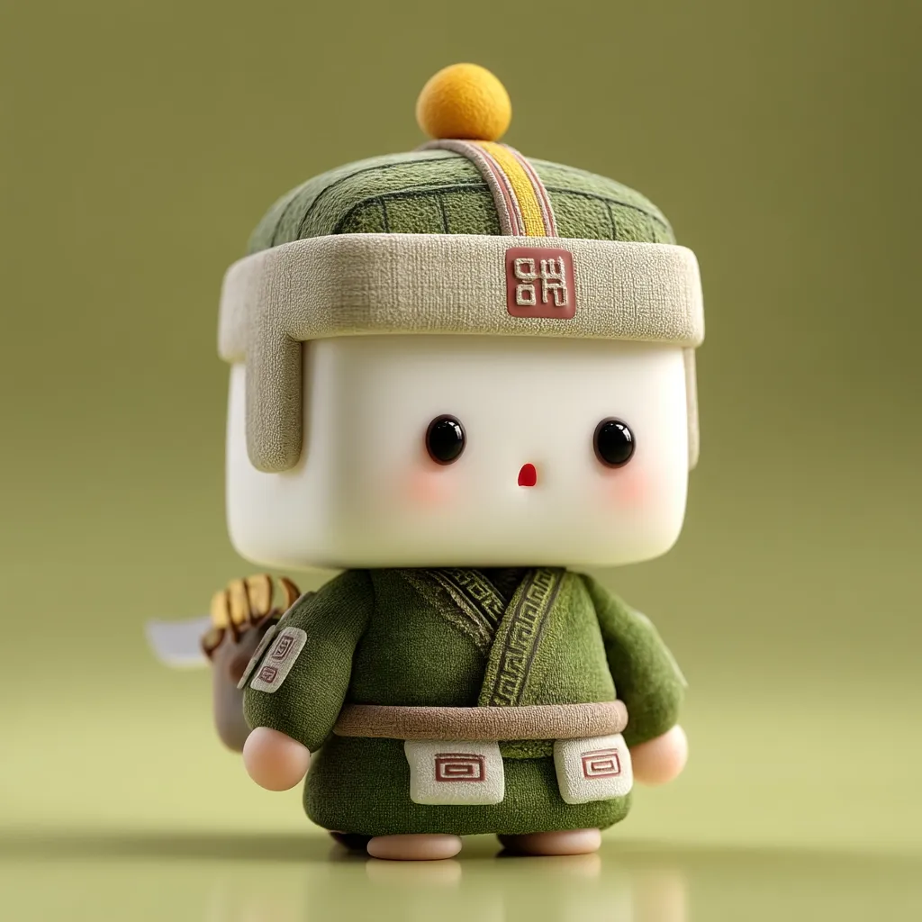 A charming, cube-shaped character is depicted, dressed in a traditional green outfit with intricate detailing.  The character sports a plush, off-white hat adorned with a yellow pom-pom and Chinese characters.  Large, expressive eyes and rosy cheeks add to its endearing appearance. A small quiver appears on its back. The overall style is reminiscent of a cute, stylized figurine or toy.