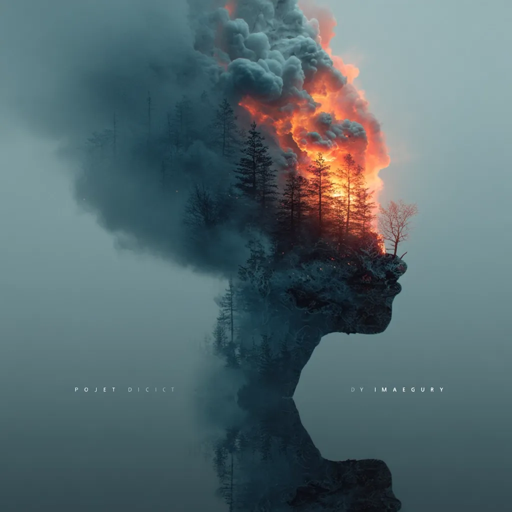 A surreal digital artwork depicts a profile of a woman's face formed by a landscape.  A fiery forest engulfed in smoke and dark clouds fills her head, creating a striking contrast between the serene face and the burning environment. The image blends nature and human form, suggesting a powerful connection or a commentary on environmental destruction.  The overall tone is moody and atmospheric.