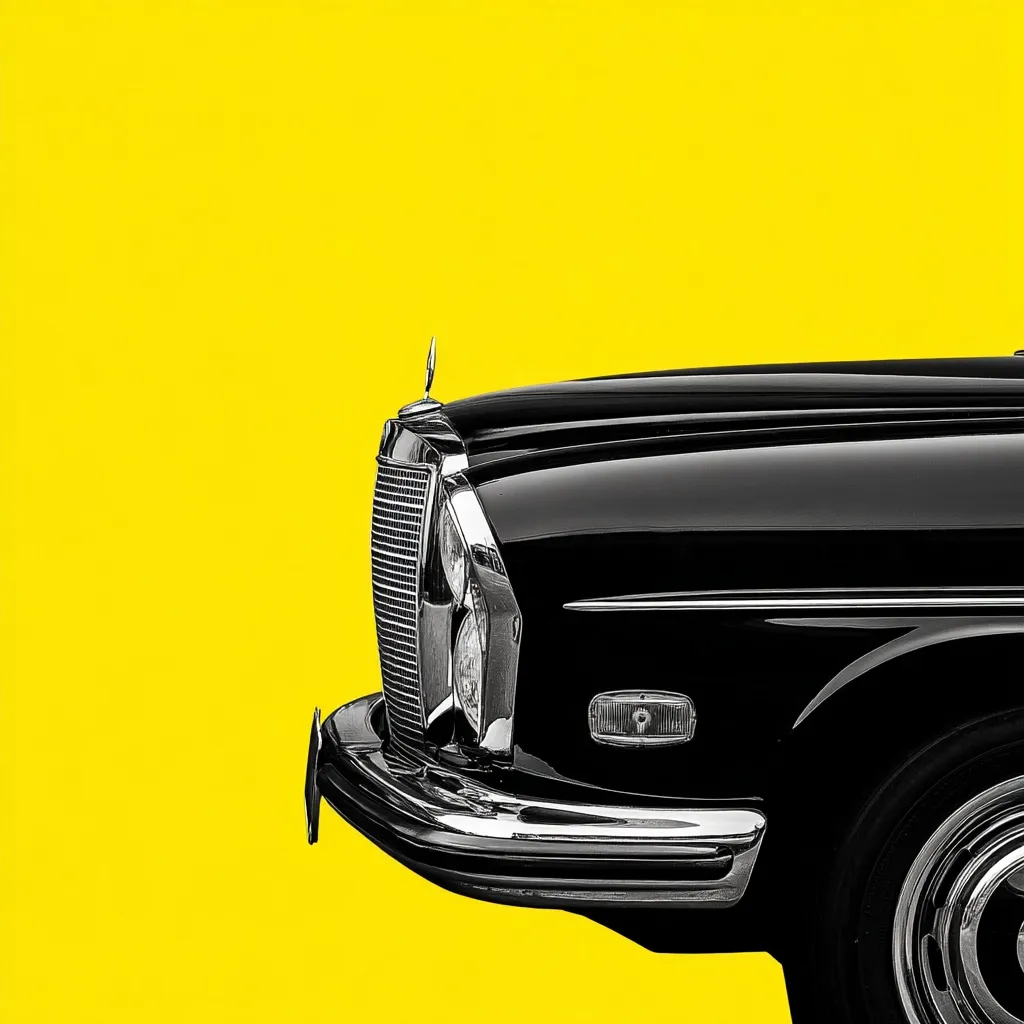 A classic black Mercedes-Benz sedan is sharply presented against a vibrant yellow background.  Only the front portion of the car is visible, showcasing its gleaming chrome details, iconic grille, and stylish headlights. The image is clean and minimalistic, emphasizing the car's elegant design and retro aesthetic.  The contrast between the dark vehicle and the bright backdrop creates a striking visual effect.