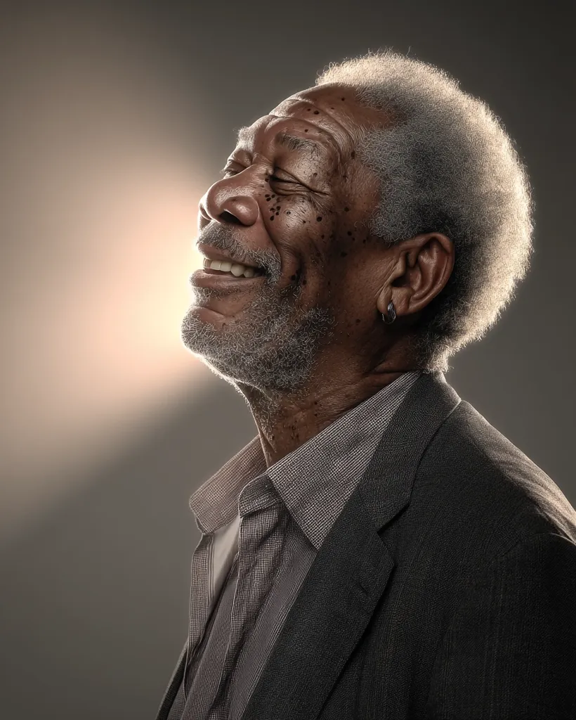 A close-up portrait of Morgan Freeman, his face tilted upward, eyes closed in a serene expression.  His smile is gentle, and his silver hair is short and slightly tousled.  He is wearing a dark gray suit over a patterned shirt, and a hint of a tie is visible. The lighting accentuates his facial features and creates a contemplative mood.  The background is a muted gray.