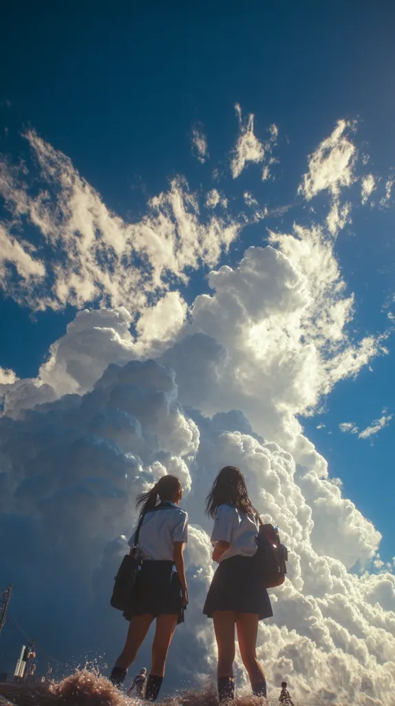 Two girls in school uniforms stand back-to-back, gazing up at a massive, fluffy cumulus cloud dominating a vibrant blue sky.  The scene is serene and slightly surreal, with the immensity of the cloud dwarfing the figures.  A hint of water splashes at their feet, adding to the dramatic composition. The overall mood is dreamy and atmospheric.