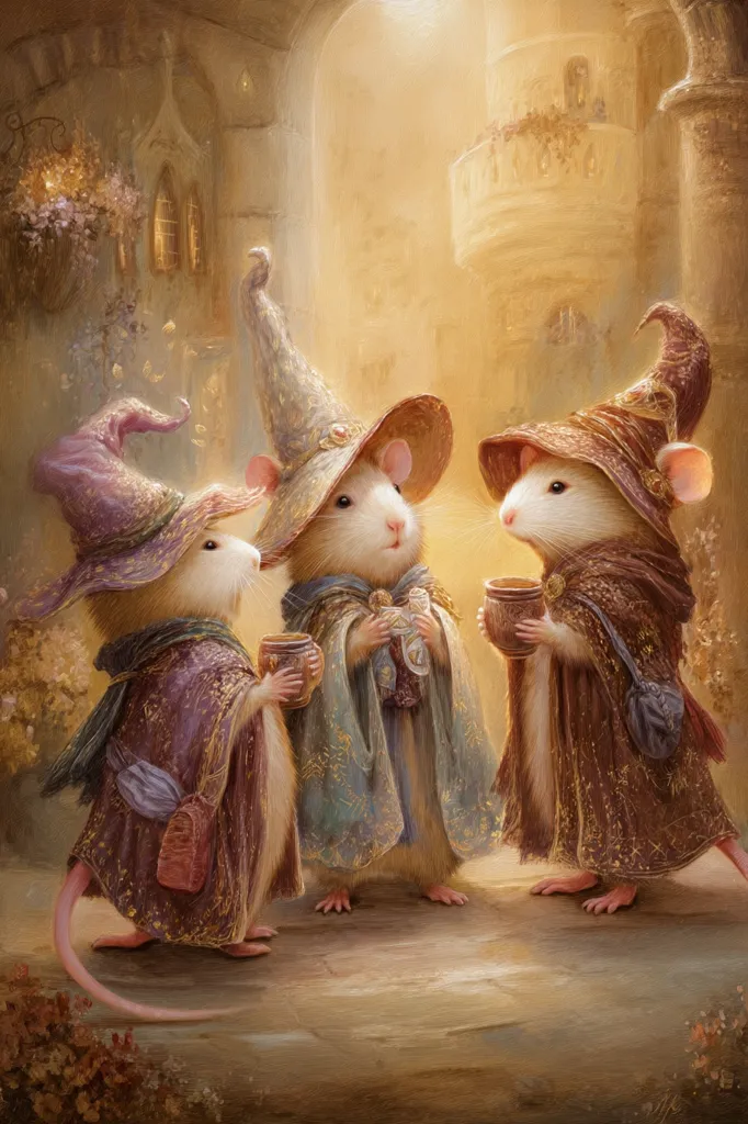 Three mice, adorned in wizard robes and pointed hats, gather in a sunlit stone archway.  Each holds a small cup, suggesting a shared drink or potion.  The scene is whimsical and magical, evoking a sense of fairytale charm with its warm colors and detailed attire.  The background hints at a medieval-style setting, further enhancing the fantasy atmosphere.