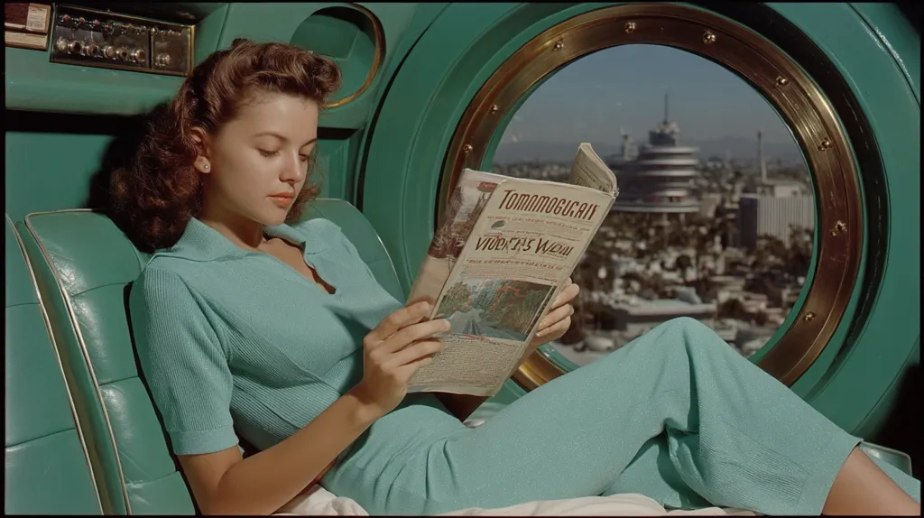 A stylish woman with a 1940s hairstyle sits in a teal, luxurious vehicle.  She's dressed in a matching teal outfit and casually reads a magazine.  A large porthole offers a panoramic view of a city skyline, including a recognizable building. The scene evokes a sense of mid-century glamour and travel.