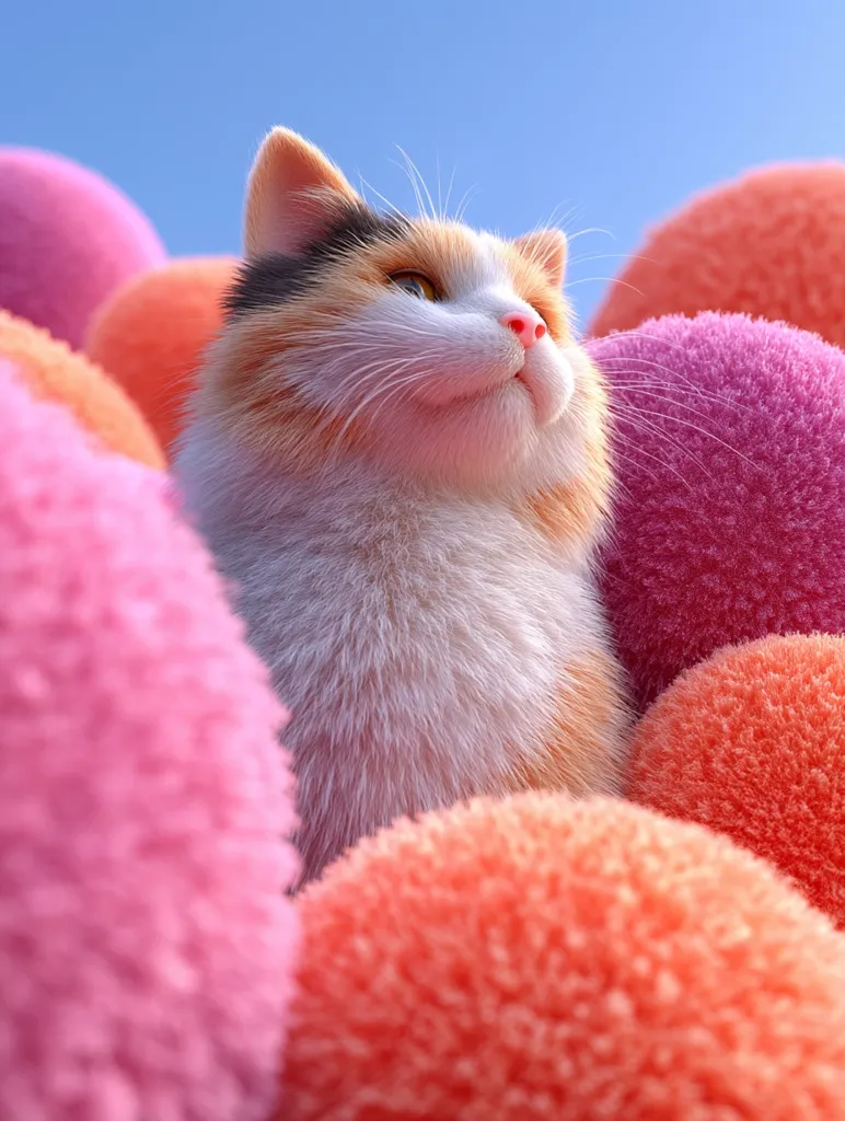 A fluffy calico cat sits serenely amidst a cluster of pastel-colored, soft, round objects.  The cat's fur is highlighted by the soft light, and its gaze is directed upward, creating a peaceful and whimsical scene. The vibrant pink, orange, and coral tones of the background complement the cat's coat, enhancing the overall dreamy atmosphere of the image.